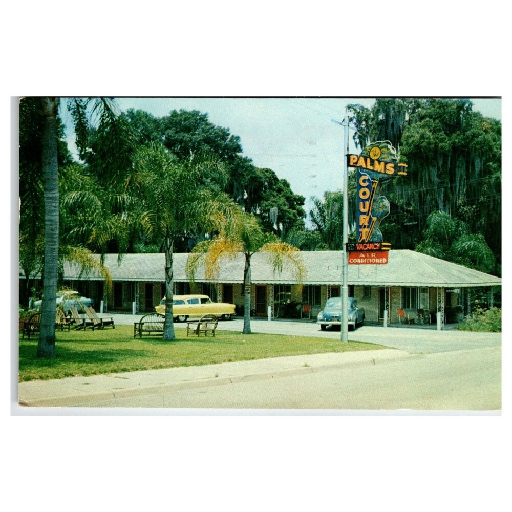 1960 The Palms Court Motel Postcard - Dade City, Florida - Mid-Century Cars